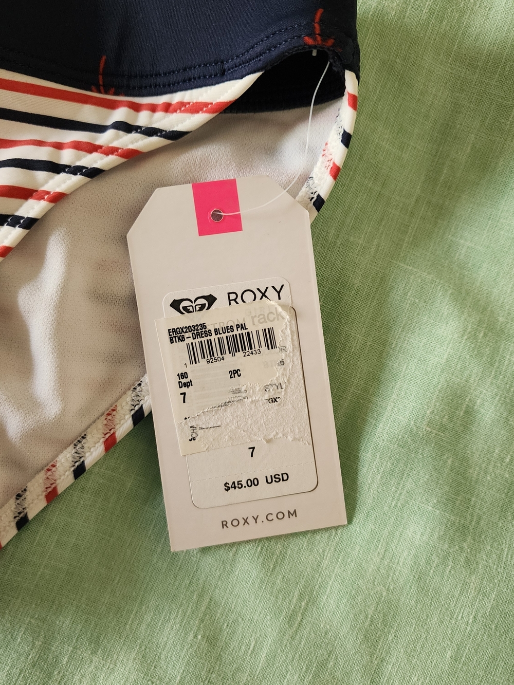 Roxy Girls Navy Palm Print Bikini Set with Striped Bottom - Picture 2 of 3